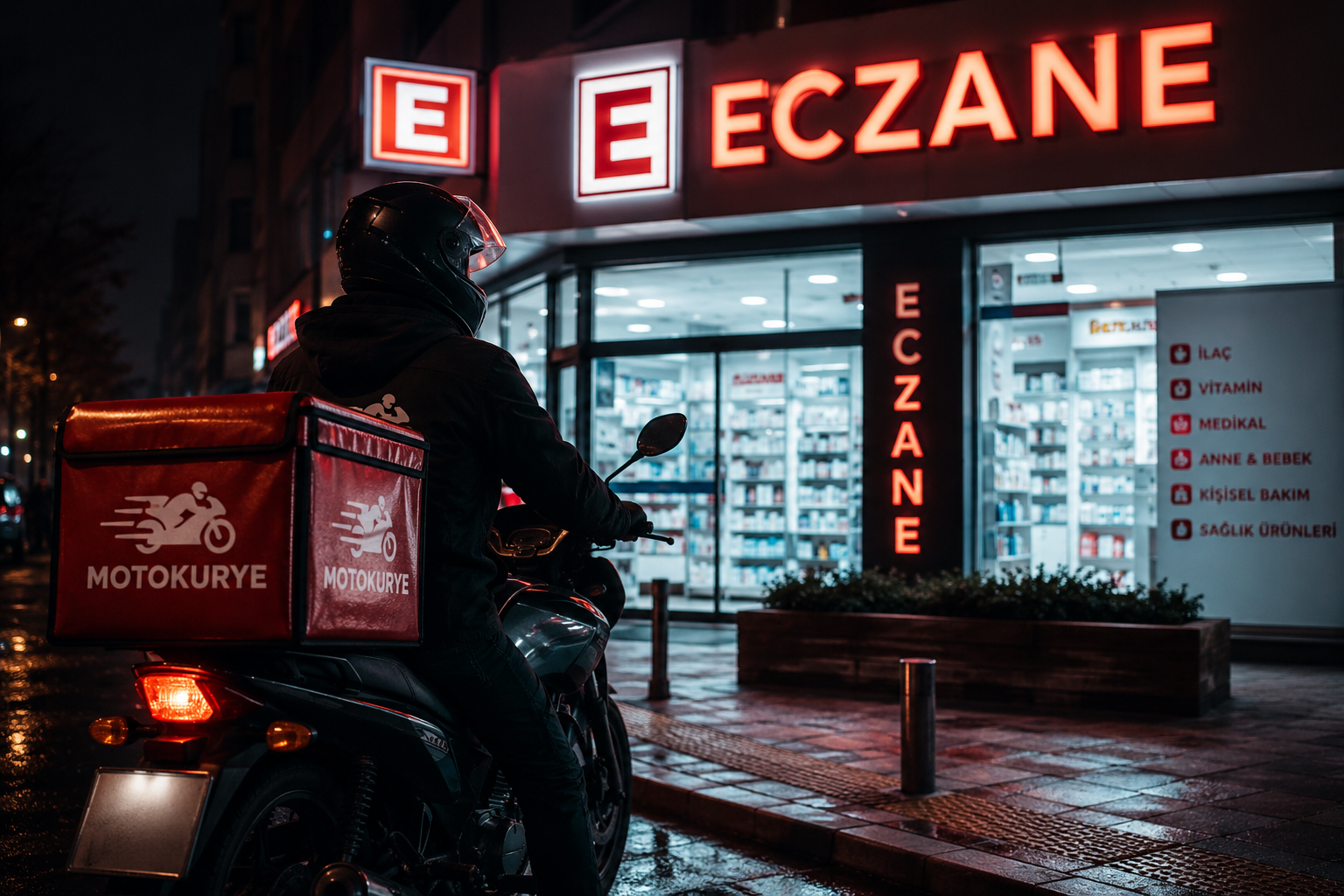 Gece eczane önünde bekleyen motokurye